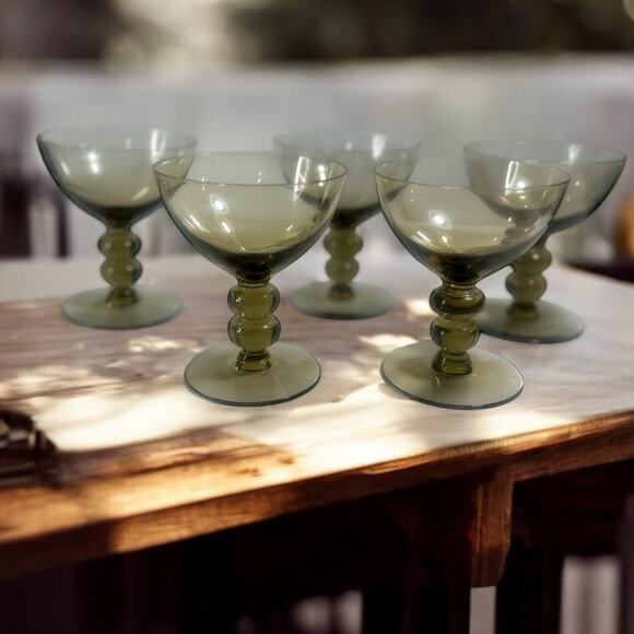 5 MCM - 5-Smoke/ Olive - Double Bubble Stem Champagne Coupe Cocktail Glasses - Picture 5 of 7